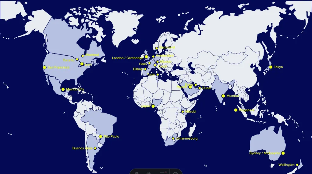 World map marking the 22 countries where Pacemark's research interviews took place, from San Francisco and Mexico City to London, Nairobi, Dubai, Mumbai, Singapore, and Sydney.